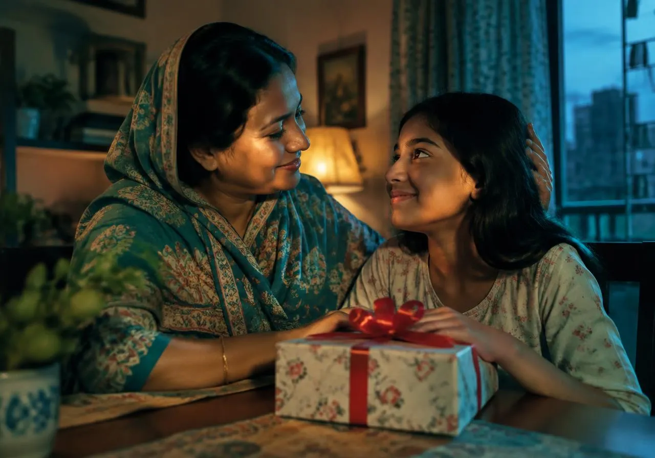 উপহারের বাক্সসহ মা ও মেয়ের আবেগময় মুহূর্তের সিনেম্যাটিক দৃশ্য